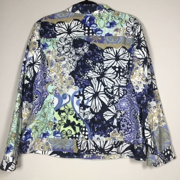 100% cotton denim jacket in navy blue minty green gold with butterfly scrolls XL - Picture 4 of 7